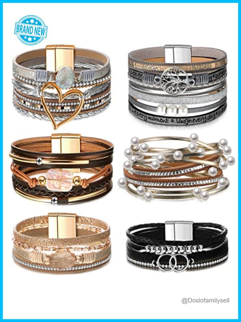 6-Piece Boho Stackable Magnetic Wrap Bracelet Set Cuff PU Leather